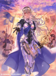 Rule 34 | 1girl, armor, black gloves, black hairband, blue cape, cape, cloud, company name, copyright name, corrin (female) (fire emblem), corrin (fire emblem), fgo ave, fire emblem, fire emblem cipher, fire emblem fates, fire emblem if, gloves, grey hair, hairband, helmet, holding, holding sword, holding weapon, long hair, nintendo, official art, outdoors, parted lips, pointy ears, polearm, red eyes, shield, short hair, sky, solo focus, sword, weapon, white hair, yato (fire emblem)