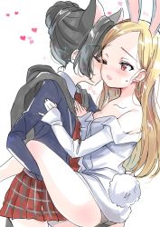 Rule 34 | 2girls, animal ears, ass, bare shoulders, black cape, black hair, black jacket, black panties, blonde hair, blush, cape, cat ears, commentary request, dress shirt, elin, emily (pure dream), closed eyes, forehead, hair bun, hand on another&#039;s arm, hand on another&#039;s chest, heart, highres, hood, jacket, kiss, kissing cheek, knee up, leg grab, leg lift, legs, long hair, multiple girls, necktie, no pants, off shoulder, one eye closed, open mouth, panties, plaid, plaid skirt, rabbit ears, rabbit tail, red eyes, red neckwear, red skirt, school uniform, shirt, simple background, single hair bun, skirt, tail, tera online, thighs, underwear, white background, white shirt, yuri