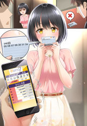 Rule 34 | 1girl, :d, belt, black hair, blush, breasts, brown belt, cellphone, comic, commentary request, covering face, faceless, faceless male, hair between eyes, highres, holding, holding phone, idolmaster, idolmaster cinderella girls, looking at viewer, lottery ticket, medium breasts, mk (mod0), open mouth, phone, pink shirt, pov, pov hands, producer (idolmaster), shirt, short hair, skirt, smartphone, smile, solo, takafuji kako, white skirt, yellow eyes
