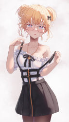 Rule 34 | 1girl, :o, absurdres, bare shoulders, blonde hair, blue eyes, blush, bow, breasts, cowboy shot, double bun, frills, glasses, hair bow, hair bun, hair ornament, hair ribbon, heart, heart-shaped pupils, highres, hololive, hololive english, jewelry, large breasts, looking at viewer, medium breasts, mole, mole on breast, necklace, off-shoulder shirt, off shoulder, open mouth, pantyhose, ribbon, shironekokfp, shirt, short hair, simple background, skirt, solo, suspender skirt, suspenders, symbol-shaped pupils, virtual youtuber, watson amelia, watson amelia (street casual), white background, white shirt, zipper skirt