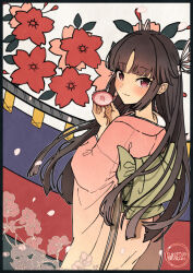 Rule 34 | 1girl, alcohol, alternate costume, artist logo, artist name, black hair, blush, closed mouth, cup, flower, hair ribbon, hanafuda, hiyou (kancolle), holding, holding cup, japanese clothes, kantai collection, kimono, long hair, long sleeves, looking at viewer, petals, pink kimono, red eyes, red flower, ribbon, sakazuki, sake, smile, solo, white ribbon, wide sleeves, wss (nicoseiga19993411)