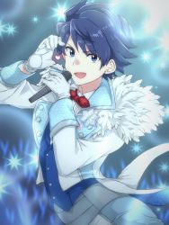 Rule 34 | 10s, 1boy, alternate costume, blue eyes, blue hair, bow, bowtie, gloves, heart, highres, idolmaster, idolmaster side-m, looking at viewer, male focus, red bow, red bowtie, smile, snowflake print, solo, sparkle, spiked hair, taiga takeru, upper body, white gloves