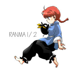 Rule 34 | 1girl, barefoot, biifun, braid, chinese clothes, from side, full body, gender request, genderswap, hibiki ryouga, looking at another, official style, p-chan, pig, ranma-chan, ranma 1/2, red eyes, red hair, saotome ranma, simple background, single braid, sitting, tangzhuang, white background