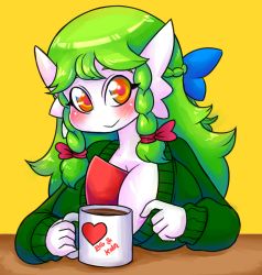Rule 34 | 1girl, :&gt;, alternate hairstyle, areola slip, basketgardevoir, blue bow, blush, bow, braid, breasts, cleavage, clothes pull, coffee, creatures (company), cup, drink, french braid, game freak, gardevoir, gen 3 pokemon, green hair, green sweater, hair bow, hair ornament, hands up, heart, highres, large breasts, long hair, long sleeves, looking at viewer, mug, nintendo, no bra, orange eyes, pink bow, pokemon, pokemon (creature), pokemon rse, simple background, smile, solo, sweater, sweater pull, table, text focus, twin braids, upper body, yellow background