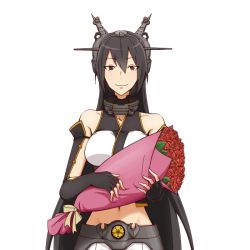 Rule 34 | 10s, 1girl, bare shoulders, birii, black gloves, black hair, bouquet, breasts, choker, closed mouth, collarbone, fingerless gloves, flower, gloves, hair between eyes, headgear, kantai collection, long hair, looking at viewer, midriff, miniskirt, nagato (kancolle), navel, pleated skirt, red eyes, ribbon, simple background, skirt, sleeveless, smile, solo, white background, white skirt