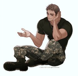 Rule 34 | 1boy, bara, beckoning, boots, brown hair, camouflage, camouflage pants, elbow rest, facial hair, full body, goatee stubble, highres, knee up, looking at viewer, male focus, muscular, muscular male, original, outstretched hand, pants, seductive smile, shirt, short hair, sideburns, sitting, smile, stubble, t-shirt, thick eyebrows, tight clothes, tight shirt, yotti