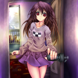 Rule 34 | 1girl, alternate hairstyle, brown hair, commentary, good end, hair down, highres, long hair, madotsuki, monikano, red eyes, skirt, solo, spoilers, alternate universe, yume nikki