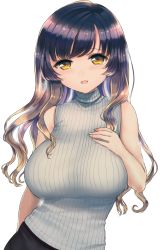 Rule 34 | 1girl, arm behind back, bare arms, blush, breasts, comic, gradient hair, hand on own chest, hijiri byakuren, large breasts, long hair, looking at viewer, multicolored hair, open mouth, poko (mammypoko), sidelocks, simple background, sleeveless, smile, solo, sweater, sweater vest, touhou, turtleneck, turtleneck sweater, two-tone hair, white background, white sweater, yellow eyes