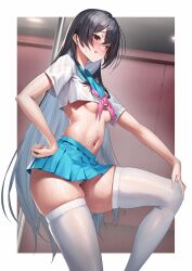 Rule 34 | 1girl, :p, absurdres, aqua skirt, black hair, blush, breasts, closed mouth, commentary request, from side, hand on own hip, highres, looking at viewer, medium breasts, miniskirt, navel, no bra, original, paid reward available, panties, pleated skirt, pole, red eyes, school uniform, shirt, short sleeves, skindentation, skirt, small breasts, solo, standing, stomach, stripper pole, sweat, thighhighs, thighs, tongue, tongue out, underwear, wet, white panties, white shirt, white thighhighs, yamanokami eaka