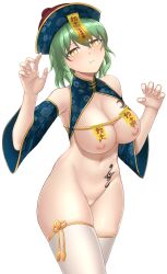 Rule 34 | 1girl, absurdres, blue fire, blue hat, breast curtains, breast tattoo, breasts, chinese clothes, cleavage, closed mouth, detached sleeves, fire, frown, green hair, hat, hat ornament, highres, hikage (senran kagura), hip tattoo, hitodama, jiangshi, jiangshi costume, lace-trimmed sleeves, lace trim, large breasts, leg ribbon, light blush, looking at viewer, medium hair, navel, nipples, ofuda, ofuda on head, ofuda on nipples, outstretched arms, pasties, qingdai guanmao, ribbon, senran kagura, simple background, skindentation, slit pupils, snake tattoo, solo, talisman, tangzhuang, tattoo, thighhighs, torn clothes, white background, yellow eyes, zib (boriku), zombie pose