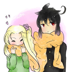 Rule 34 | 1boy, 1girl, ahoge, angel, artist name, black hair, black sweater, blonde hair, blush, closed eyes, dark pit, flower, flower on head, green sweater, hands on own face, heart, kid icarus, kid icarus uprising, long hair, looking to the side, midlink, nintendo, orange scarf, pink background, ponytail, red eyes, rose, scarf, shared clothes, shared scarf, signature, simple background, sweater, viridi, yellow buttons