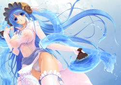 Rule 34 | 1girl, blue hair, breasts, cameltoe, frilled thighhighs, frills, hand fan, hat, horns, impossible clothes, impossible shirt, large breasts, long hair, luminous arc, luminous arc 2, luna (luminous arc), lunaluna, lunaluna (luminous arc), nakano sora, nautilus (animal), nipples, panties, sash, see-through, shirt, solo, thighhighs, underwear, very long hair, white thighhighs