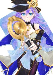 Rule 34 | 1girl, bare shoulders, black choker, blue eyes, blush, breasts, capelet, choker, dress, duel monster, earrings, hat, highres, holding, holding wand, jewelry, medium breasts, medium hair, mone (mochimochimone), nightmare apprentice, purple hair, solo, space print, spiked hair, starry sky print, wand, white dress, witch, witch hat, yu-gi-oh!