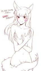 Rule 34 | 1girl, animal ears, blush, breasts, collarbone, completely nude, covering privates, covering breasts, cowboy shot, d.va (overwatch), eyebrows, facepaint, facial mark, female focus, fox ears, fox tail, giji-p, groin, hand on breast, highres, korean text, long hair, looking at viewer, monochrome, navel, nude, overwatch, overwatch 1, simple background, solo, spot color, tail, whisker markings, white background
