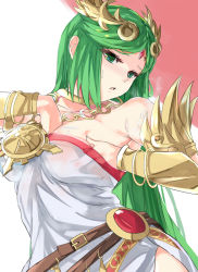Rule 34 | 1girl, absurdres, ancient greek clothes, arm between breasts, bare shoulders, between breasts, bracelet, bracer, breasts, chiton, circlet, cleavage, dress, gem, green eyes, green hair, hand under clothes, highres, jewelry, kid icarus, large breasts, long hair, lotion, neck ring, necklace, nintendo, open mouth, palutena, parted bangs, side slit, solo, straight hair, strapless, strapless dress, tomas (kaosu22), very long hair, white dress
