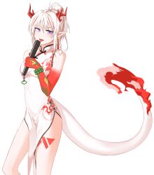 Rule 34 | 1girl, arknights, bare shoulders, beads, braid, china dress, chinese clothes, chinese commentary, colored extremities, commentary request, cowboy shot, dragon girl, dragon horns, dragon tail, dress, earrings, flame-tipped tail, folded fan, folding fan, hand fan, hand up, highres, holding, holding fan, horns, jewelry, looking at viewer, multicolored hair, neti (cpu11151), nian (arknights), nian (unfettered freedom) (arknights), official alternate costume, pelvic curtain, pointy ears, purple eyes, red hair, red horns, short hair, side slit, simple background, sleeveless, sleeveless dress, solo, standing, streaked hair, tail, tongue, tongue out, white background, white dress, white hair, white tail