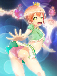 Rule 34 | 10s, 1girl, artist request, ass, blush, breasts, crown, from behind, green eyes, highres, hoshizora rin, looking back, love live!, love live! school idol festival, love live! school idol project, open mouth, orange hair, panties, pink panties, shiny skin, short hair, sideboob, skirt, solo, sweatdrop, underwear, upskirt, wavy mouth