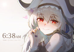 Rule 34 | 1girl, absurdres, arknights, bare shoulders, black nails, blush, closed mouth, fingernails, from side, grey hair, hat, heart, highres, long fingernails, long hair, looking at viewer, looking to the side, nail polish, njnywy, red eyes, smile, solo, specter (arknights), specter the unchained (arknights), timestamp, translation request, upper body, white hat