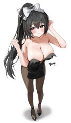 Rule 34 | 1girl, 72 chiri, absurdres, bare arms, bare shoulders, black dress, black footwear, black hair, bow, breasts, brown pantyhose, cleavage, closed mouth, commission, dress, full body, hair bow, hands up, high heels, highres, large breasts, legs, long hair, looking at viewer, original, pantyhose, pelvic curtain, ponytail, red eyes, short dress, simple background, smile, solo, standing, strapless, strapless dress, very long hair, white background