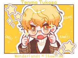 Rule 34 | 1boy, adjusting eyewear, bespectacled, blush stickers, border, brown-framed eyewear, brown coat, brown jacket, character name, chibi, coat, commentary request, diamond (shape), double-parted bangs, framed, glasses, hair between eyes, hands up, jacket, lapels, layered clothes, long sleeves, looking at viewer, male focus, notched lapels, open mouth, orange eyes, orange hair, outline, partial commentary, plaid, plaid coat, project sekai, romaji text, semi-circular eyewear, semi-rimless eyewear, short hair, solo, sparkle, star (symbol), sweater, tenma tsukasa, thick eyebrows, turtleneck, turtleneck sweater, ui (ui 73), under-rim eyewear, upper body, white border, white outline, white sweater, x, yellow background