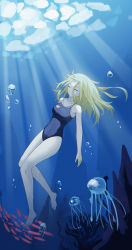 Rule 34 | 1girl, absurdres, barefoot, blonde hair, blue one-piece swimsuit, closed eyes, commentary request, competition school swimsuit, fish, full body, highres, jellyfish, kofune ushio, long hair, moetora, one-piece swimsuit, school swimsuit, summertime render, swimsuit, underwater, very long hair