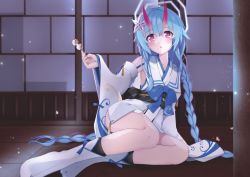 Rule 34 | 1girl, absurdres, bad id, bad pixiv id, blue archive, blue hair, blush, chise (blue archive), dango, detached sleeves, food, halo, highres, horns, japanese clothes, long hair, looking at viewer, lying, oni horns, open mouth, red eyes, shoes, solo, tentenkorori, wagashi, wall