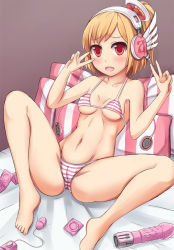 Rule 34 | 1girl, bad id, bad pixiv id, bare legs, barefoot, bed, bikini, blonde hair, blush, breasts, cameltoe, condom, condom packet strip, condom wrapper, covered erect nipples, dildo, double v, embarrassed, emilia percival, grey background, headphones, looking at viewer, lying, navel, on back, petite, phantasy star, phantasy star portable 2, picolumi, pillow, ponytail, red eyes, sex toy, short hair, sitting, small breasts, spread legs, striped bikini, striped clothes, swimsuit, v, vibrator