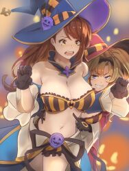 Rule 34 | 2girls, asymmetrical bangs, beatrix (granblue fantasy), beatrix (halloween) (granblue fantasy), black bra, black gloves, blonde hair, blue eyes, blue headwear, bra, breasts, brown eyes, brown hair, cleavage, commentary request, detached collar, detached sleeves, embarrassed, gloves, granblue fantasy, grin, halloween, halloween costume, hat, highres, kuyabudz, large breasts, long hair, multiple girls, navel, official alternate costume, open mouth, orange bra, poking, red headwear, simple background, smile, striped bra, striped clothes, twintails, two-tone bra, underwear, vertical-striped bra, vertical-striped clothes, witch hat, zeta (granblue fantasy), zeta (halloween) (granblue fantasy)