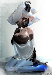 Rule 34 | 1girl, absurdres, black dress, black footwear, black gloves, blue hair, blue pantyhose, blue shawl, bow-shaped hair, breasts, cleavage, collarbone, commentary, cosplay, dress, elbow gloves, full body, gloves, gold necklace, gradient background, grey background, grey hair, high heels, highres, inkling, jewelry, large breasts, looking at viewer, marie (splatoon), mask, mouth mask, multicolored hair, necklace, nintendo, pantyhose, pointy ears, puchiman, see-through, see-through shawl, shawl, shiver (splatoon), shiver (splatoon) (cosplay), short hair, signature, sitting, solo, splatoon (series), splatoon 3, star-shaped pupils, star (symbol), strapless, strapless dress, symbol-only commentary, symbol-shaped pupils, tentacle hair, thick eyebrows, two-tone hair, yellow eyes