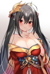 Rule 34 | 1girl, ahoge, azur lane, bad id, bad pixiv id, bare shoulders, black hair, blush, breasts, cleavage, closed mouth, collarbone, highres, japanese clothes, large breasts, long hair, looking at viewer, mafuyu (chibi21), red eyes, sketch, smile, solo, taihou (azur lane), twintails