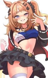 Rule 34 | 1girl, absurdres, animal ear piercing, animal ears, asymmetrical legwear, belt, black belt, black jacket, blonde hair, blue eyes, blue nails, blush, breasts, brown hair, collarbone, commentary request, cowboy shot, english text, espoir city (umamusume), eyelashes, gold buckle, gradient hair, grin, hair ornament, hair scrunchie, hairclip, highleg, highres, horse ears, horse girl, jacket, jewelry, kuroguy, long hair, looking at viewer, makeup, medium breasts, midriff, mismatched legwear, multicolored clothes, multicolored hair, nail polish, navel, necklace, off shoulder, one side up, open clothes, open jacket, orange hair, piercing, pink nails, scrunchie, sidelocks, single thighhigh, skirt, smile, solo, streaked hair, teeth, thighhighs, umamusume, white background