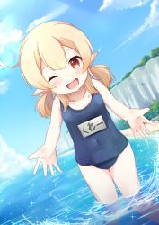Rule 34 | 1girl, ;d, absurdres, ahoge, alternate costume, beach, blue one-piece swimsuit, blue sky, blush, cliff, cloud, cloudy sky, commentary request, covered navel, eyebrows, female focus, genshin impact, hair between eyes, highres, in water, klee (genshin impact), light brown hair, long hair, looking at viewer, low twintails, mountainous horizon, name tag, nyxerebos, ocean, old school swimsuit, one-piece swimsuit, one eye closed, open mouth, orange eyes, outdoors, pointy ears, reaching, reaching towards viewer, school swimsuit, sidelocks, sky, sleeveless, smile, solo, standing, swimsuit, teeth, tongue, translation request, twintails, upper teeth only
