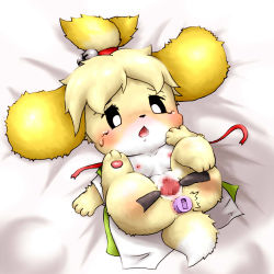Rule 34 | 1girl, anal, anal object insertion, animal crossing, animal ears, animal hands, ass, bed sheet, bell, black sclera, blonde hair, blush, bottomless, breasts, breath, censored, colored sclera, dildo, disembodied limb, dog ears, dog tail, feet, full body, furry, furry female, furuya muku, green vest, hair bell, hair ornament, hair tie, hand on own face, hand up, isabelle (animal crossing), jingle bell, legs up, looking down, lying, mosaic censoring, nintendo, nipples, object insertion, on back, open clothes, open mouth, open shirt, pussy, red ribbon, ribbon, sex toy, shirt, short hair, short sleeves, simple background, small breasts, solo, spread legs, spread pussy, sweat, sweatdrop, tail, tears, vest, vibrator, white background, white eyes, white shirt