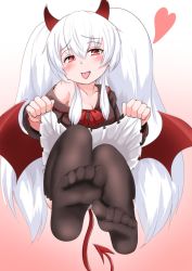 Rule 34 | 1girl, blush, clothes lift, demon tail, demon wings, dress, dress lift, feet, foot focus, grim aloe, highres, horns, long hair, looking at viewer, no shoes, pov, quiz magic academy, red eyes, see-through, see-through legwear, soles, tail, toes, tongue, tongue out, twintails, white hair, wings