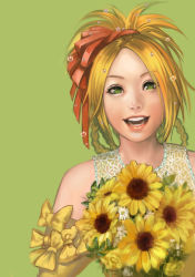 Rule 34 | 1girl, @ @, blonde hair, detached sleeves, elbow gloves, final fantasy, final fantasy x, flower, gloves, green eyes, hair ornament, hair rings, looking at viewer, nexeee, open mouth, rikku (ff10), simple background, smile, solo, square enix, water drop