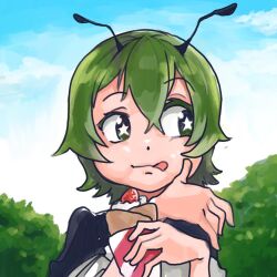 Rule 34 | 1girl, :q, androgynous, antennae, black cape, blue sky, cape, closed mouth, commentary request, crepe, day, eating, food, fruit, green eyes, green hair, holding, holding food, kaninocrab, looking afar, looking to the side, outdoors, puffy cheeks, shirt, short hair, sky, solo, star (symbol), star in eye, strawberry, symbol in eye, tongue, tongue out, touhou, white shirt, wriggle nightbug