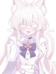 Rule 34 | 1girl, akira (blue archive), animal ear fluff, animal ears, belt, black bow, black bowtie, black choker, blue archive, blush, bow, bowtie, cat ears, cat tail, choker, coat, coat on shoulders, halo, highres, long hair, long sleeves, open mouth, pink halo, shirt, simple background, smile, solo, tail, tkugane, upper body, white background, white belt, white coat, white hair, white shirt