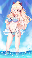 Rule 34 | 1girl, bikini, black bow, blonde hair, blue eyes, bow, breasts, elf, flower, hair bow, hair flower, hair ornament, highres, large breasts, long hair, looking at viewer, mch9illus, medium breasts, one eye closed, open mouth, pointy ears, ponytail, princess connect!, saren (princess connect!), saren (summer) (princess connect!), smile, solo, standing, swimsuit