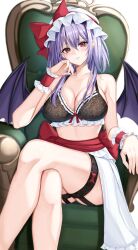 Rule 34 | 1girl, 7saki, aged up, armchair, bare shoulders, bat wings, bra, breasts, chair, cleavage, collarbone, frilled bra, frills, garter straps, hat, hat ribbon, highres, large breasts, looking at viewer, medium hair, mob cap, red eyes, remilia scarlet, ribbon, sash, shadow, sitting, slit pupils, smile, solo, thighhighs, thighs, touhou, underwear, wings, wrist cuffs, wristband