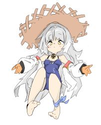 Rule 34 | 1girl, artist request, azur lane, blush, breasts, feet, floating, full body, gloves, grey hair, hat, highres, jacket, long hair, looking down, serious, sketch, small breasts, straw hat, swimsuit, white background, yellow eyes, z46 (azur lane)