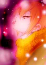 Rule 34 | 10s, 1girl, from side, half-closed eyes, hoshizora rin, love live!, love live! school idol project, open mouth, orange hair, scarf, short hair, snow, solo, tasting, tima, tongue, tongue out, upper body, winter clothes, yellow eyes