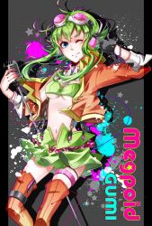 Rule 34 | 1girl, boots, breasts, gloves, goggles, goggles on head, green eyes, green hair, gumi, headphones, highres, ink, jacket, looking at viewer, matching hair/eyes, gumi (v3 megpoid), microphone, microphone stand, midriff, navel, nou (nounknown), short hair, short hair with long locks, skirt, smile, solo, suspenders, thigh boots, thigh strap, thighhighs, underboob, vintage microphone, vocaloid, zettai ryouiki