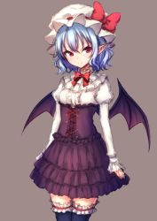 Rule 34 | &gt;:), 1girl, alternate costume, arms at sides, bad id, bad pixiv id, bat wings, black thighhighs, black wings, blue hair, blush, bow, bowtie, bridal garter, center frills, closed mouth, corset, cowboy shot, frills, hat, hat bow, highres, juliet sleeves, junior27016, layered skirt, legs together, long sleeves, looking at viewer, mob cap, puffy sleeves, purple skirt, red bow, red bowtie, red eyes, remilia scarlet, shirt, short hair, simple background, skirt, solo, standing, thighhighs, touhou, tsurime, v-shaped eyebrows, white hat, white shirt, wings, zettai ryouiki