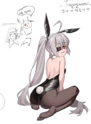 Rule 34 | 1girl, ahoge, animal ears, ass, back, black leotard, bright pupils, djmax, djmax respect, eyepatch, fail (djmax), fake animal ears, grey hair, highres, korean text, leotard, looking at viewer, pantyhose, parted lips, playboy bunny, rabbit ears, red eyes, simple background, sitting, smile, solo, strapless, strapless leotard, syc2159, twintails, white background, white pupils