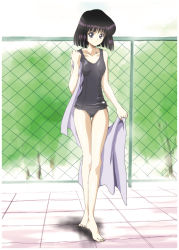 Rule 34 | 1990s (style), 1girl, :o, barefoot, bishoujo senshi sailor moon, black hair, black one-piece swimsuit, bob cut, chain-link fence, collarbone, fence, flat chest, full body, hino ryutaro, one-piece swimsuit, outdoors, pool, purple eyes, retro artstyle, sailor saturn, school swimsuit, short hair, solo, standing, swimsuit, tomoe hotaru, towel, undressing