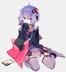 Rule 34 | 1girl, ahoge, black jacket, cellphone, commentary request, dress, earbuds, earphones, full body, highres, jacket, looking to the side, meto (metrin), off-shoulder jacket, off shoulder, phone, pillow, purple dress, purple eyes, purple hair, purple thighhighs, short hair with long locks, simple background, sitting, sleeves past fingers, sleeves past wrists, smartphone, solo, thighhighs, voiceroid, wariza, white background, yuzuki yukari
