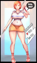 Rule 34 | 1girl, absurdres, breasts, brown eyes, brown hair, ciaranworks, cosplay, english text, feet, female focus, full body, gradient background, hammer, highres, holding, impossible clothes, jujutsu kaisen, kugisaki nobara, large breasts, nails, nami (one piece), one piece, outside border, polearm, serious, skirt, solo, spear, speech bubble, strip game, sweatdrop, weapon