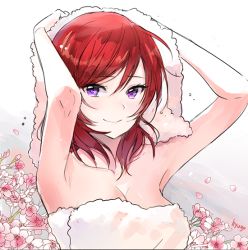 Rule 34 | 1girl, artist name, artist request, bare shoulders, blush, breasts, cleavage, collarbone, female focus, hair between eyes, hyugo, looking at viewer, love live!, love live! school idol project, naked towel, nishikino maki, parted lips, purple eyes, red hair, short hair, small breasts, smile, solo, towel, towel around waist, towel on head, washing hair, white background