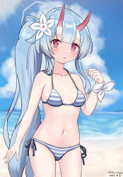 Rule 34 | 1girl, beach, bikini, blue archive, blue hair, blue sky, blunt bangs, blurry, blush, breasts, chise (blue archive), chise (swimsuit) (blue archive), cleavage, cloud, cloudy sky, collarbone, commentary request, depth of field, hair between eyes, halo, highres, horizon, horns, long hair, looking at viewer, medium breasts, navel, neko huan, ocean, official alternate costume, oni horns, outdoors, parted lips, red eyes, side-tie bikini bottom, side ponytail, sidelocks, simple background, sky, sleeveless, solo, stomach, striped bikini, striped clothes, swimsuit