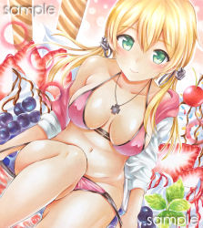 Rule 34 | 10s, 1girl, bikini, bikini pull, blonde hair, blush, breasts, cardigan, cleavage, clothes pull, collarbone, covered erect nipples, fukukaminai, green eyes, groin, hair between eyes, hair ornament, halterneck, jewelry, kantai collection, long hair, looking at viewer, medium breasts, navel, necklace, off shoulder, open cardigan, open clothes, pink bikini, prinz eugen (kancolle), sample watermark, shiny skin, sitting, smile, solo, sweater, swimsuit, twintails, watermark, white sweater